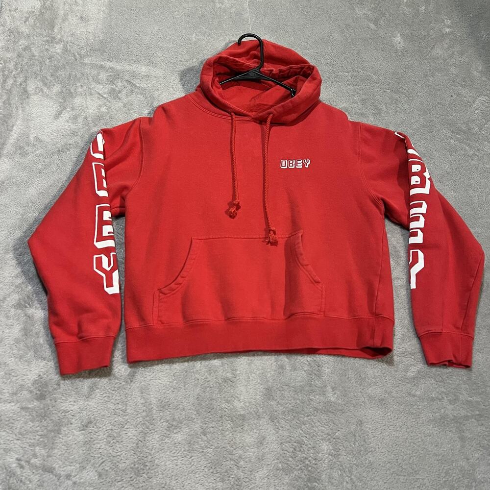 Obey Hoodie Womens Large Red Pullover Fleece Sweatshirt Sleeve Graphic Logo